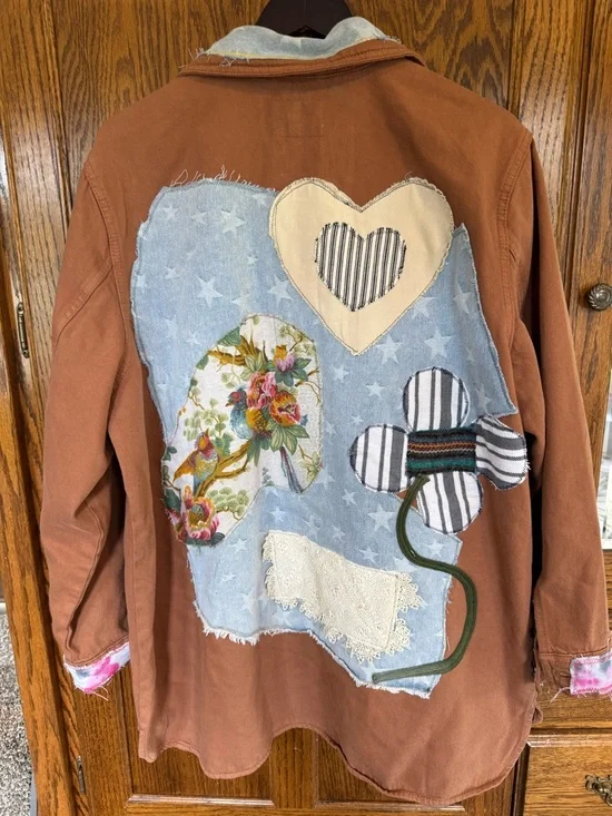 Old Navy Rust Brown Patchwork Jacket with Denim Appliqués - Picture 2 of 2